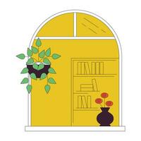 oval janela com decorativo plantas plano linha conceito vetor local ilustração. acolhedor quarto Visão 2d desenho animado esboço objeto em branco para rede ui Projeto. editável isolado cor herói imagem