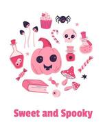 feliz dia das Bruxas festa poster, convite, fundo. rosa estilo vetor ilustração. abóbora, tóxico, crânio, cogumelos, doces, doce, aranha