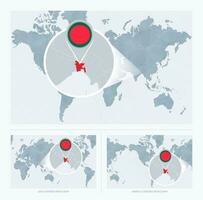 ampliado Bangladesh sobre mapa do a mundo, 3 versões do a mundo mapa com bandeira e mapa do Bangladesh. vetor