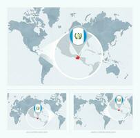 ampliado Guatemala sobre mapa do a mundo, 3 versões do a mundo mapa com bandeira e mapa do Guatemala. vetor