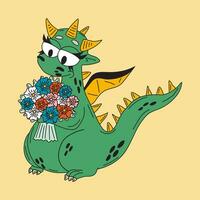 engraçado fantasia personagem Dragão com flores isolado em branco fundo. vetor desenho animado colorida ícones.