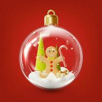3d Natal árvore decoração vidro bola transparente dentro neve e Pão de gengibre homem desenho animado estilo. vetor