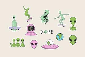 estrangeiro, OVNI, espaço, astronauta. estrangeiro com uma skate. nave espacial. mão desenhado adesivos. vetor