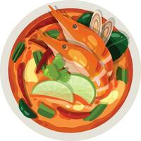 Tomyamkung, picante camarão sopa ilustração. topo Visão tailandês Comida ilustração vetor. vetor