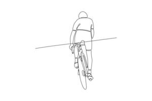 contínuo 1 linha desenhando pessoas equitação bicicletas em cidade rua conceito. rabisco vetor ilustração.