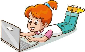 fofa menina usando computador portátil e sentado em chão. plano vetor ilustração