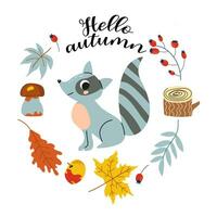 Olá outono. desenho animado guaxinim, mão desenhando rotulação. cartão com folhas, outono elementos e fofa floresta animal em branco background.design para cartões, imprimir, poster. vetor