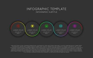 modelo de infográfico de vetor com cinco círculos escuros com linha colorida torcida e ícones. esquema de processo moderno em fundo preto