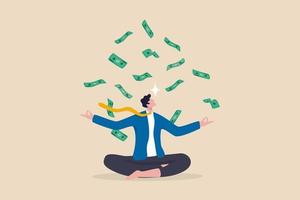 dinheiro ou mentalidade financeira, ficar rico ou ambicionar aumentar a receita, investimento e economia de sucesso ou atitude para crescer o conceito de negócio, empresário calmo meditando com a queda da renda das notas de dinheiro vetor