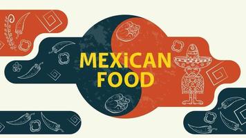 esboço de ilustração para o projeto um sinal de equilíbrio com a inscrição comida mexicana um homem em um sombrero pimenta doce e quente vetor