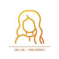 2d pixel perfeito mulher com ondulado Penteado gradiente ícone, isolado vetor, cuidado capilar fino linha simples laranja ilustração. vetor