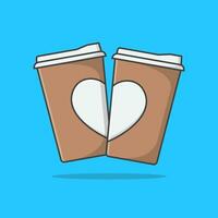 dois papel copo do café com coração vetor ícone ilustração. café plano ícone