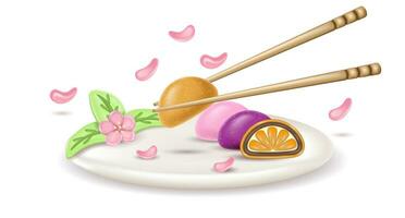 3d realista japonês multicolorido Daifuku mochi sobremesa em uma placa. uma todo e metade uma bolo dentro arroz massa. servindo prato com Sakura flores e hashi segurando mochi. vetor