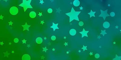 pano de fundo azul claro, verde do vetor com círculos, estrelas. ilustração com conjunto de esferas abstratas coloridas, estrelas. padrão para desenho de tecido, papéis de parede.