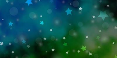 fundo azul claro, verde do vetor com círculos, estrelas. ilustração com conjunto de esferas abstratas coloridas, estrelas. padrão para tecidos da moda, papéis de parede.