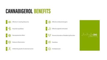 benefícios do canabigerol, pôster branco em estilo minimalista com infográfico e fórmula química do canabidiol vetor