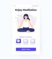 aplicativo de meditação, design de interface do usuário com ilustração de mulher meditando vetor