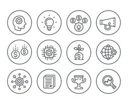 ícones de linha de inicialização definidos em branco, processo criativo, ideia, capital inicial, financiamento, inovação, crescimento do projeto, análise vetor