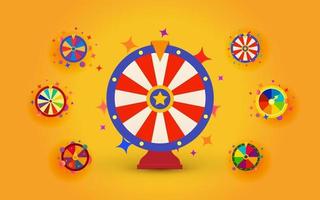 rodas da fortuna definidas para casino na web, sorteios e prêmios em dinheiro, ícones de rodas vetoriais isolados em fundo amarelo brilhante vetor