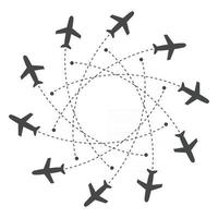 aviões voando com rastreamento em diferentes direções em um círculo a partir de um ponto. mapa abstrato do aeroporto. ícone de partida. ilustração em vetor silhueta plana preta sobre fundo branco.