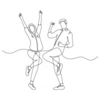 desenho de linha contínua de homens e mulheres comemorando pulando ilustração vetorial vetor