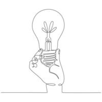 desenho de linha contínua de uma mão segurando uma lâmpada, ilustração vetorial vetor