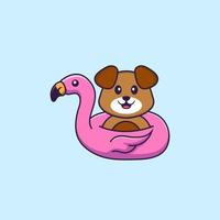 cachorro bonito com bóia de flamingo. conceito de desenho animado animal isolado. pode ser usado para t-shirt, cartão de felicitações, cartão de convite ou mascote. estilo cartoon plana vetor