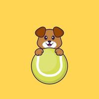 lindo cachorro jogando tênis. conceito de desenho animado animal isolado. pode ser usado para t-shirt, cartão de felicitações, cartão de convite ou mascote. estilo cartoon plana vetor