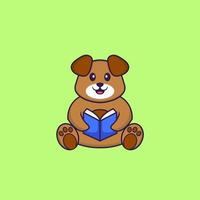 cachorro bonito lendo um livro. conceito de desenho animado animal isolado. pode ser usado para t-shirt, cartão de felicitações, cartão de convite ou mascote. estilo cartoon plana vetor