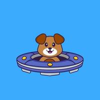 lindo cachorro dirigindo a nave espacial ufo. conceito de desenho animado animal isolado. pode ser usado para t-shirt, cartão de felicitações, cartão de convite ou mascote. estilo cartoon plana vetor