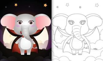 livro para colorir com um elefante fofo usando fantasia drácula de halloween vetor