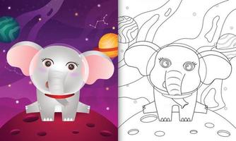 livro de colorir para crianças com um elefante fofo na galáxia espacial vetor