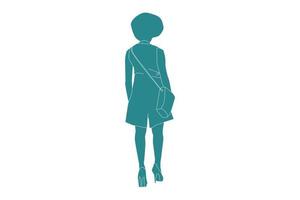 ilustração em vetor de mulher casual usando um minivestido parece por trás, estilo simples com contorno
