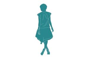 ilustração em vetor de mulher elegante andando olhares por trás, estilo simples com contorno