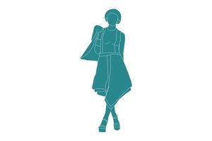 ilustração em vetor de mulher elegante posando com sua jaqueta, estilo simples com contorno
