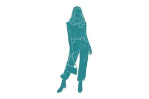 ilustração em vetor de mulher casual posando com sua bolsa, estilo simples com contorno