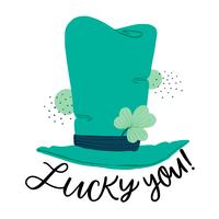 Chapéu irlandês verde bonito com trevo e letras sobre sorte vetor