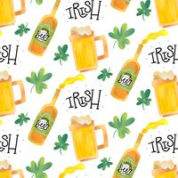 Padrão irlandês bonito com cerveja, caneca, trevo e letras vetor