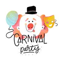 Fundo de carnaval fofo com palhaço feliz, máscara, Ballon e Lettering vetor