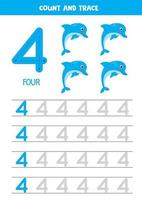 planilha para aprender números com golfinhos de desenhos animados. numero quatro. vetor