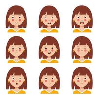 conjunto de várias expressões faciais de menina de cabelos castanhos bonito dos desenhos animados. vetor
