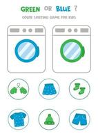 jogo de classificação de cores para crianças. azul ou verde. máquina de lavar e roupas coloridas. vetor