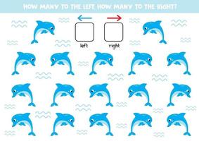 esquerda ou direita. jogo de orientação para crianças. golfinhos bonitos dos desenhos animados. vetor