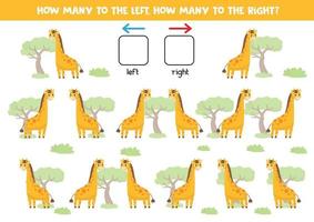 conte quantas girafas vão para a direita e para a esquerda. vetor