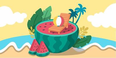 ilustração de doodle de melancia suculenta frutada na praia vetor