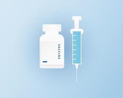 seringa médica com vacina em estilo de corte de papel. conceito de vacina isolado sobre fundo azul. ilustração vetorial. vetor