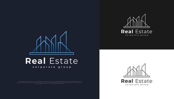 design de logotipo moderno imobiliário com estilo de linha em gradiente azul. construção, arquitetura ou modelo de design de logotipo de construção vetor