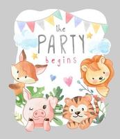 cartão de festa com ilustração colorida de amigos animais selvagens vetor