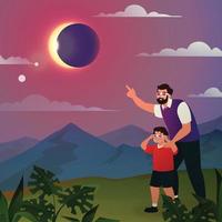 pai e filho assistem eclipse solar vetor