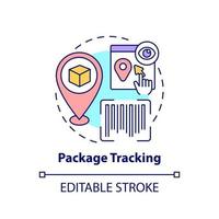 ícone do conceito de rastreamento de pacote. ilustração de linha fina de ideia abstrata de mercado global. rastreamento de correios em todo o mundo. status de envio preciso. desenho de cor de contorno isolado vetor. curso editável vetor